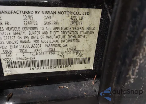 2006 Nissan Altima 2.5 S z USA, uszkodzony, nr VIN 1N4AL11E06C163904